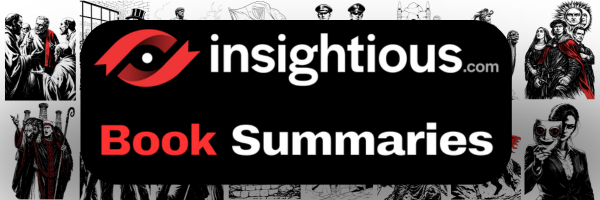 Banner advertising Insightious.com with 'Book Summaries' on a black rounded rectangle, set against grayscale illustrations behind it.
