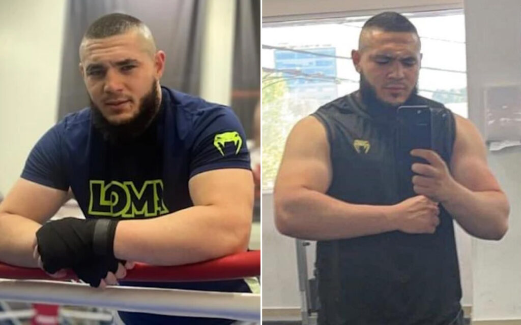 Two photos of a muscular bearded man: left in a blue shirt leaning on a gym bench, right in a black sleeveless vest taking a mirror selfie and flexing his arm.