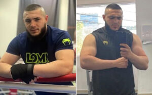 Two photos of a muscular bearded man: left in a blue shirt leaning on a gym bench, right in a black sleeveless vest taking a mirror selfie and flexing his arm.