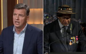 Two-panel scene: left shows a man in a blue suit speaking during a televised interview; right shows a veteran in a dark suit with medals at a podium wearing a decorated hat.