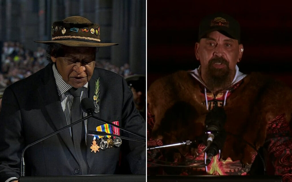 Left: elderly man in a dark suit with medal ribbons and a decorated brown hat speaks at a podium with a microphone? and pins visible on his lapel.