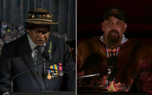 Left: elderly man in a dark suit with medal ribbons and a decorated brown hat speaks at a podium with a microphone? and pins visible on his lapel.