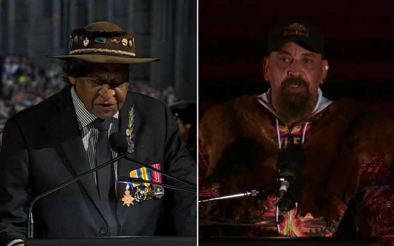 Left: elderly man in a dark suit with medal ribbons and a decorated brown hat speaks at a podium with a microphone? and pins visible on his lapel.