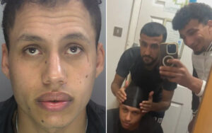 Left: close-up portrait of a young man looking slightly upward. Right: three men in a bathroom taking a mirror selfie, one wearing a durag and the person holding the phone.