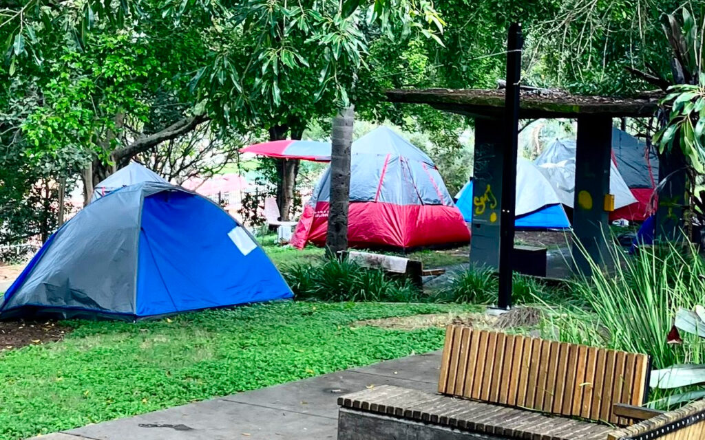 Blue tent in foreground at a green park campsite with several other colorful tents and trees around