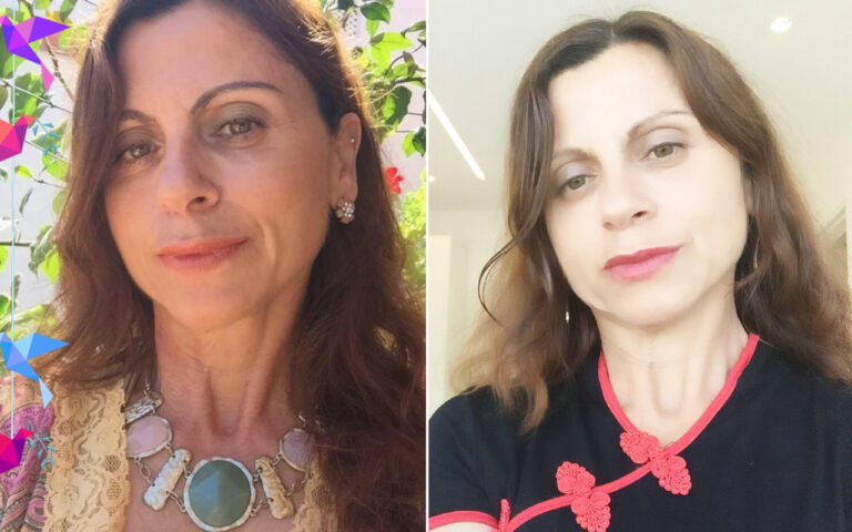 Side-by-side portrait: left woman outdoors with wavy brown hair wearing a chunky necklace and floral earrings; right woman indoors with shoulder-length hair in a black top with red trim.