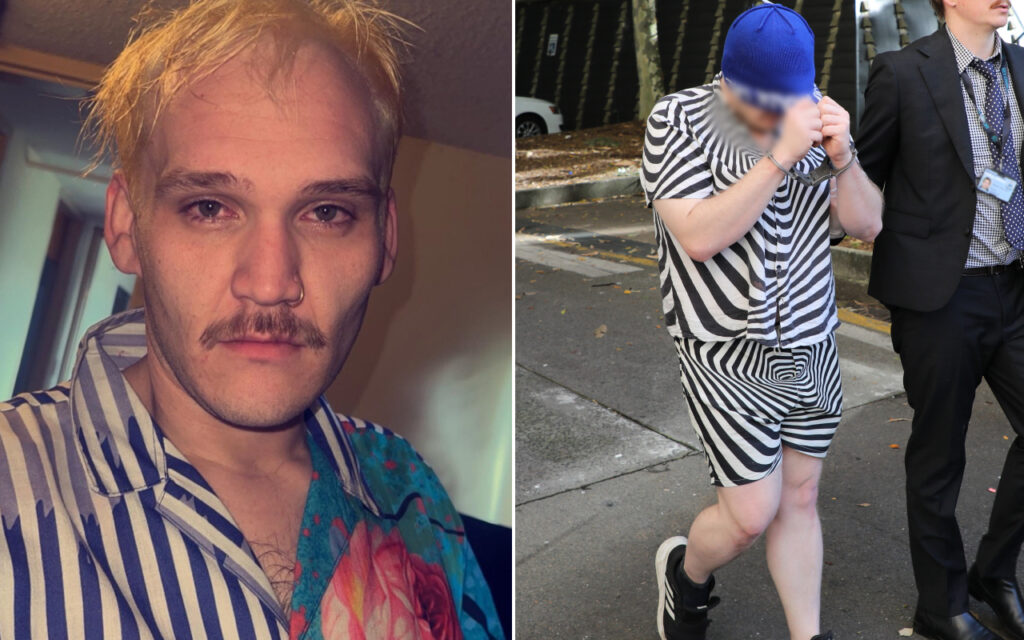 Left: portrait of a man with blond hair and mustache wearing a striped shirt indoors; right: person in a zebra-print outfit with a blue beanie, face blurred, escorted by a man in a suit.