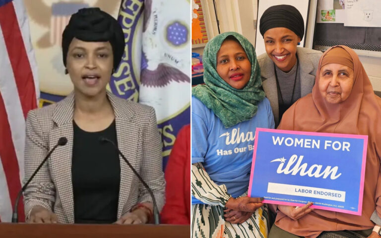 Left: a woman in a blazer speaks at a podium with an American flag in the background. Right: three women in headscarves pose together, one holding a bright blue 'Women for Ilhan' sign at a campaign event.