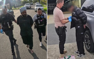 Two scenes: left shows police escorting a man wearing a turban; right shows an officer patting down a man beside a SUV.