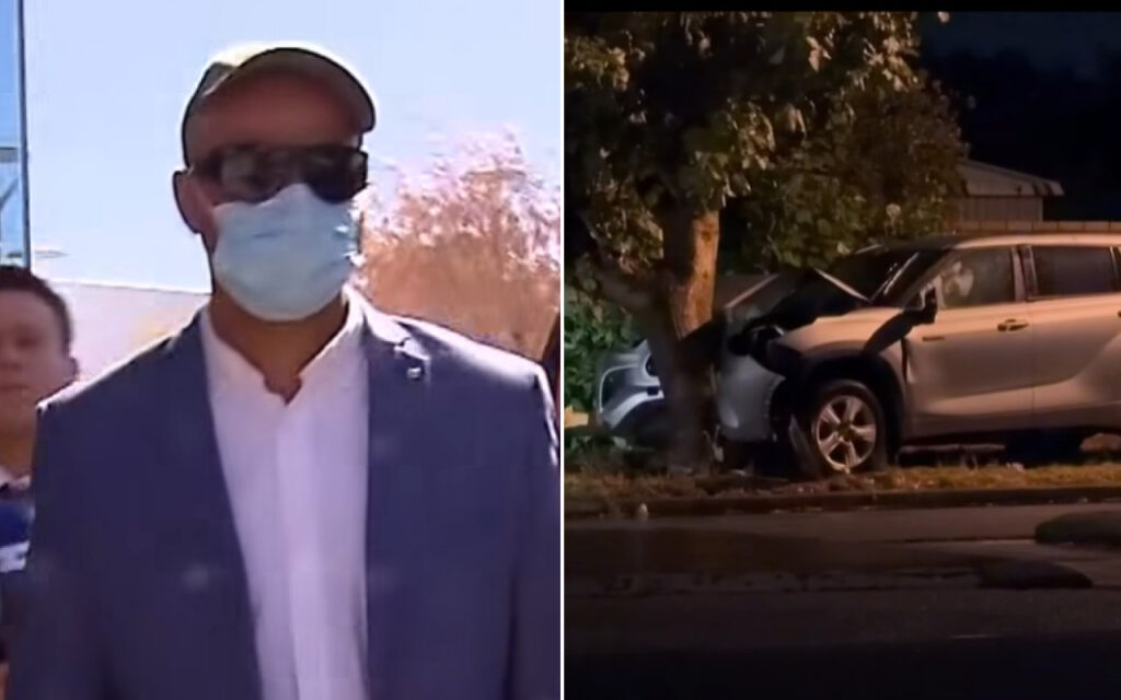 Split image: on the left a man in a blazer and cap wearing a face mask; on the right a silver SUV crashed into a tree at night.