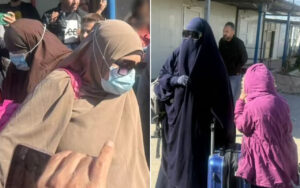 Two side‑by‑side scenes: left shows a woman in a beige hijab and face mask among a crowd; right shows a woman in a dark blue niqab with gloves beside a blue suitcase, with a man and a pink‑hooded child in the background.