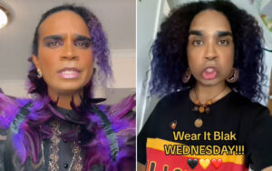 Split-screen video of two people: left in purple feathers and bold makeup speaking, right with curly hair and a black shirt that says "Wear It Blak Wednesday!!!"