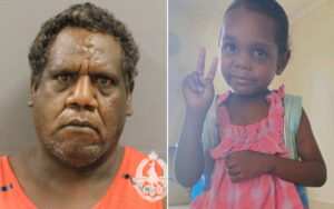 Split image: a stern-looking man in an orange shirt on the left and a young girl in a pink dress with a green backpack making a peace sign on the right.