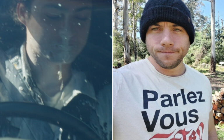 Split image: left shows a person’s face seen through a car windshield with reflections; right shows a man outdoors in a beanie wearing a white shirt that reads 'Parlez Vous'.