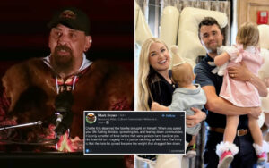 Split image: left side shows a bearded man in a black cap giving a speech at a podium; right side shows a smiling couple holding two young children in a store or showroom setting with large white pillows in the background; a social media post box overlays the bottom center.