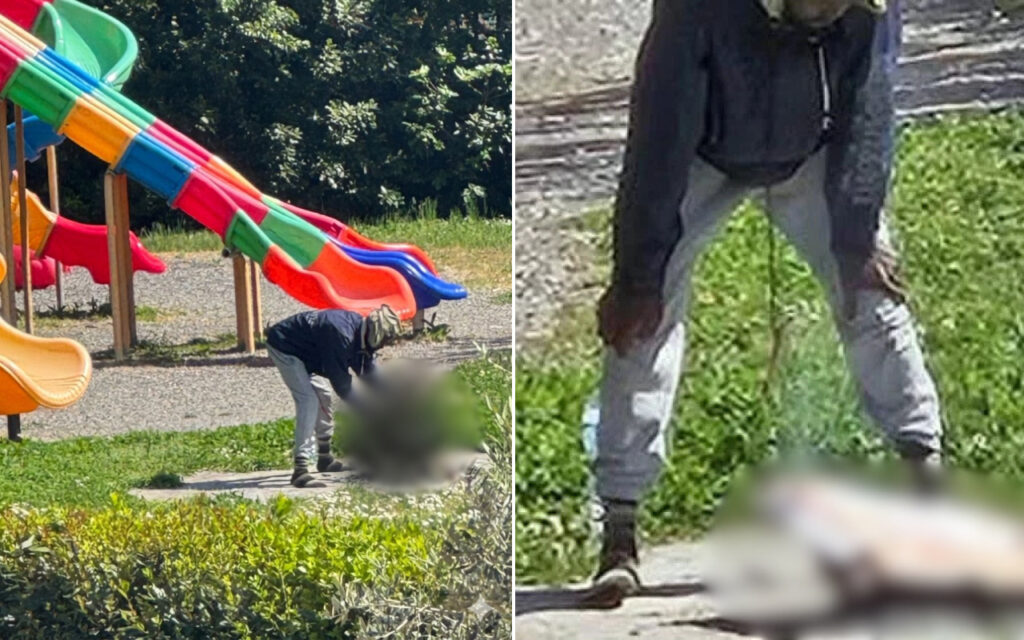 Two-panel image: left shows a person bending near a colorful playground slide; right shows a person standing over a blurred figure on a sidewalk or path.