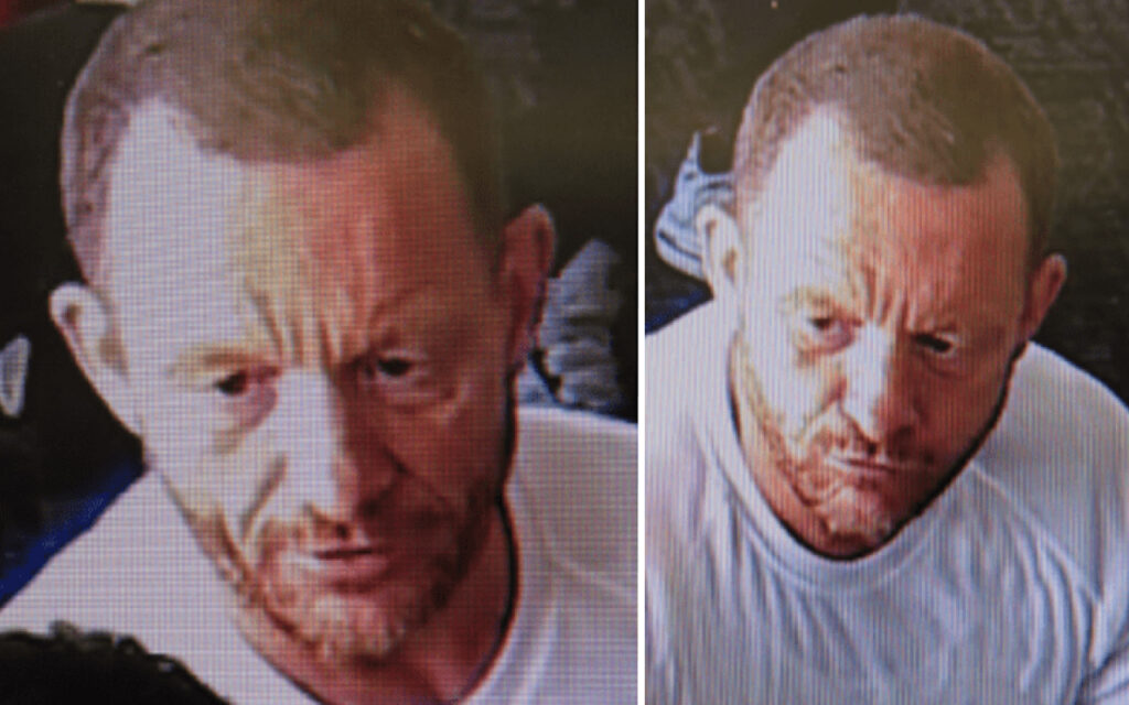 Two side-by-side portraits of an older man with facial bruising, wearing a white shirt, looking downward with a serious expression.