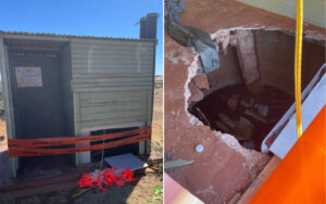 Two-panel scene: corrugated shed taped off with caution tape; map on the door and red fabric on the ground.