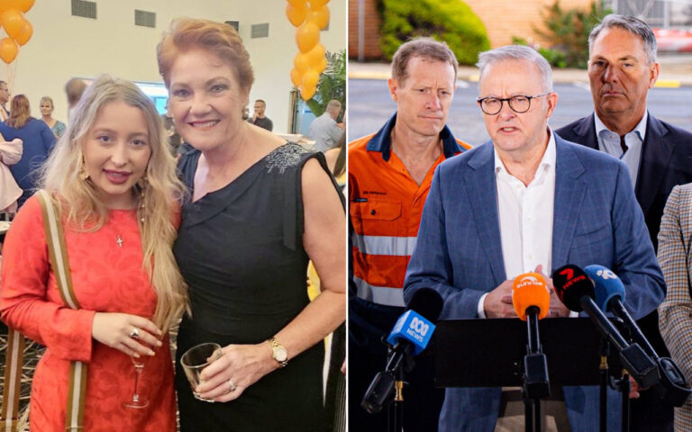 Left: a young woman in red with a glass of wine posing with an older woman at a celebratory event; balloons in the background. Right: a man in a blue suit speaks at a press conference with microphones and reporters nearby.