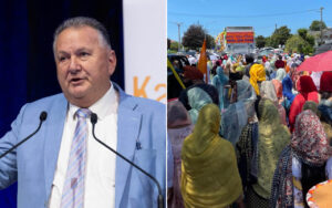 Split-screen image: a man in a light blue suit speaks at a podium on the left, and a crowded outdoor event with people in colorful headscarves on the right.