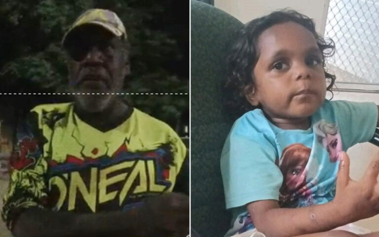 Two-panel image: left a man in a neon yellow shirt and cap outdoors; right a toddler with curly hair in a light blue shirt indoors.