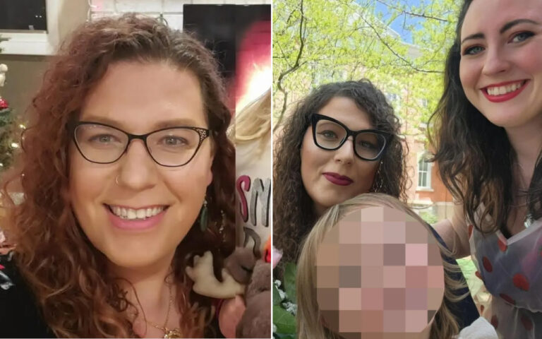 Left: smiling woman with curly red hair and glasses indoors; right: outdoors, two women with glasses posing for a selfie with a blurred person in front.