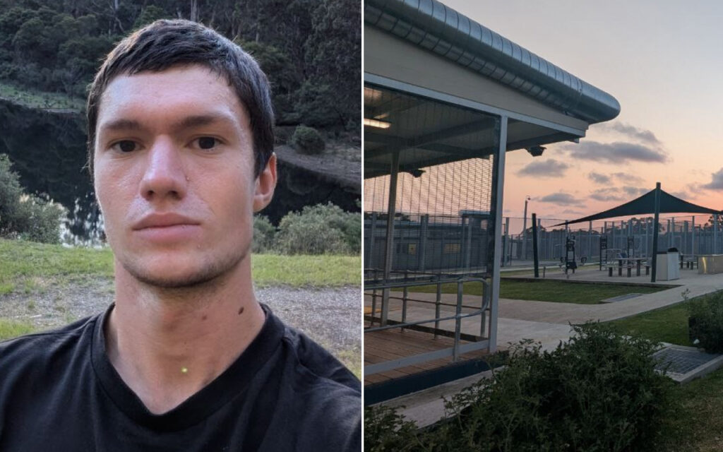 Split image: left a young man taking a selfie outdoors by a lake; right a park with outdoor fitness equipment at sunset