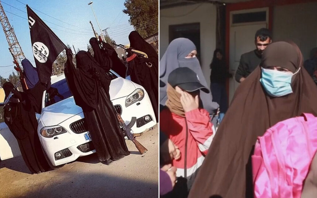 A collage showing two scenes: left, a group of women in black abayas with rifles gathered around a white BMW and a black flag; right, women and a child wearing hijabs and masks outside a building.