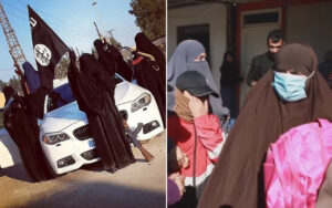 A collage showing two scenes: left, a group of women in black abayas with rifles gathered around a white BMW and a black flag; right, women and a child wearing hijabs and masks outside a building.