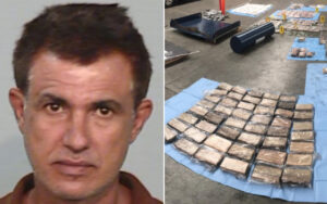 Split image: left shows a mugshot of a man; right shows numerous wrapped brick-like packages on blue tarps on a street.