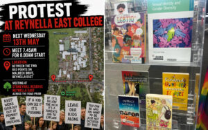Left side shows a protest poster advertising an event at Reynella East College with date and meeting details, plus a campus map; right side shows a library display of LGBTQ+ books under a 'Sexual Identity and Gender Diversity' banner.