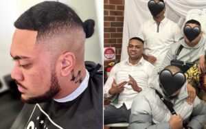 Side profile of a man with a high fade haircut and a neck tattoo of Roman numerals.