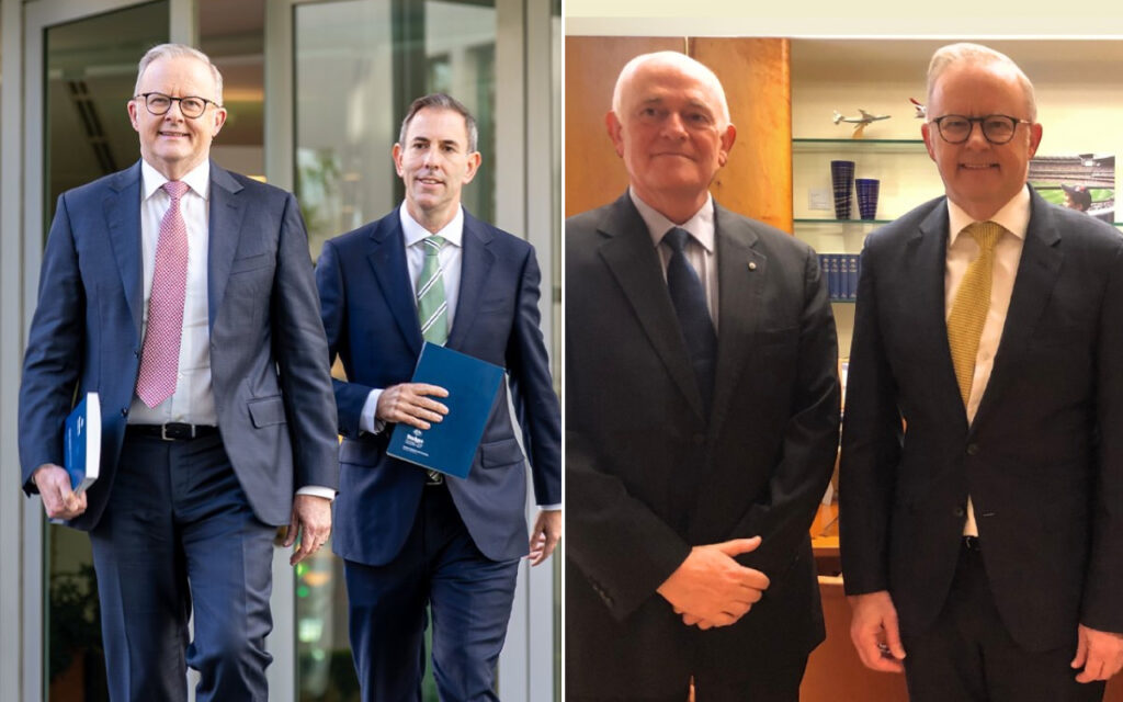 Split-image collage: left side shows two businessmen in dark suits exiting a glass doorway, one carrying a blue folder; right side shows two suited men indoors, standing in front of shelves with books and model airplanes.