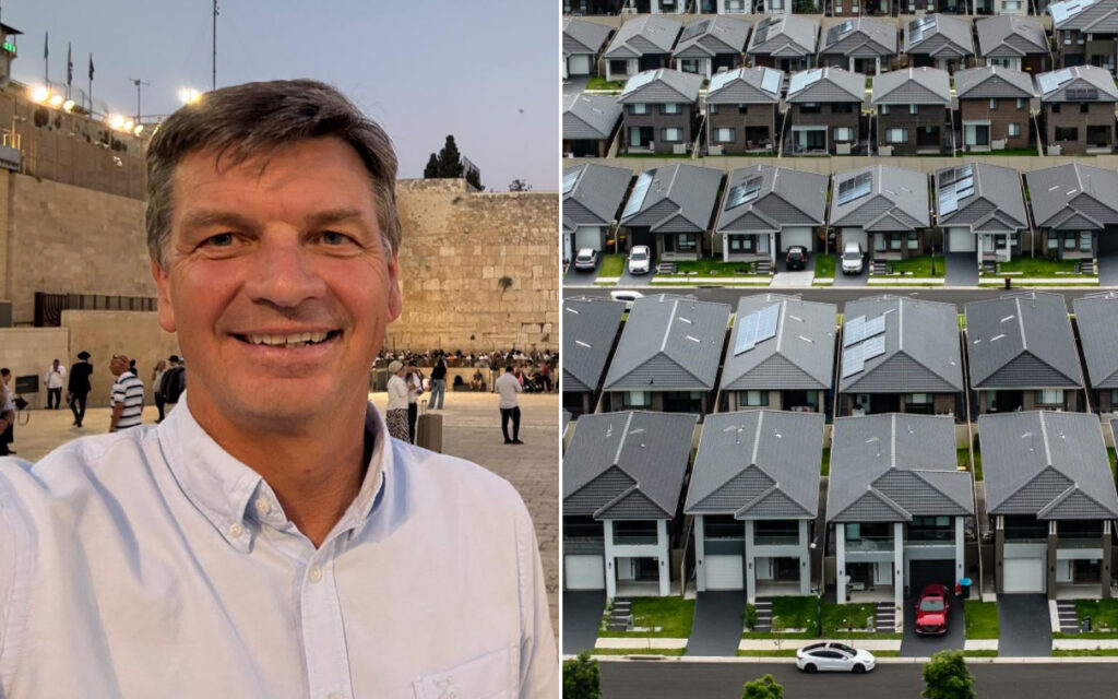 A collage: left side shows a smiling man taking a selfie near a historic stone wall with people in the background; right side shows a bird's-eye view of rows of grey-roofed townhouses in a suburban development.