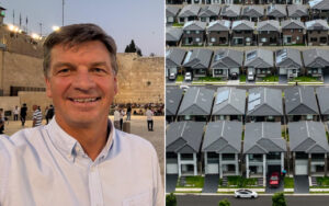 A collage: left side shows a smiling man taking a selfie near a historic stone wall with people in the background; right side shows a bird's-eye view of rows of grey-roofed townhouses in a suburban development.