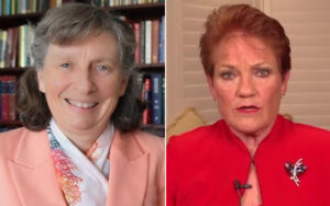 Left: Smiling older woman with gray hair in a peach blazer and floral scarf, library background.