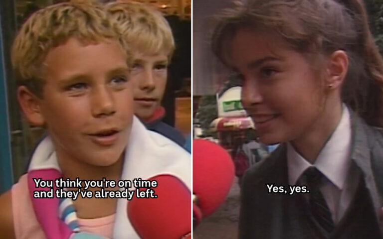 Split-screen interview: left boy with a pink scarf speaks into a red microphone; right girl in a suit smiles; captions read 'You think you're on time...' and 'Yes, yes.'