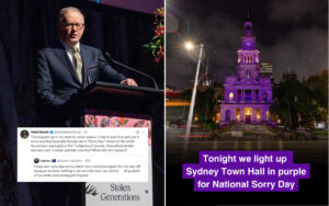 Left: a man in a suit speaks at a podium with an overlaid tweet and a sign reading 'Stolen Generations'; right: Sydney Town Hall lit purple at night with a bold purple caption about National Sorry Day.