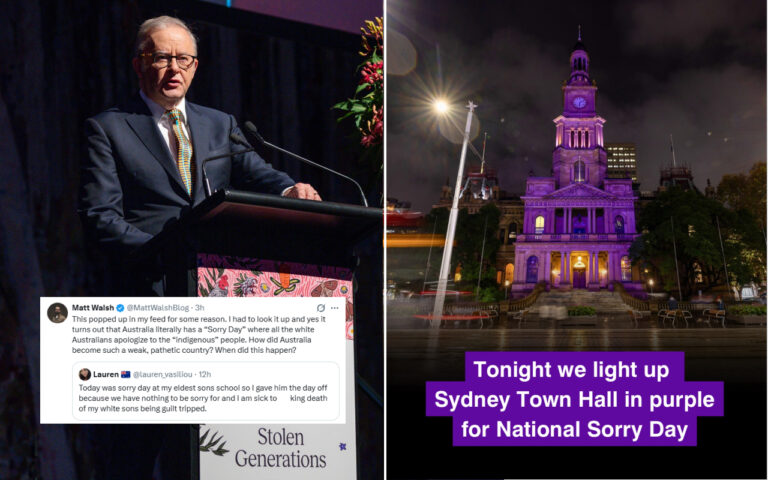 Left: a man in a suit speaks at a podium with an overlaid tweet and a sign reading 'Stolen Generations'; right: Sydney Town Hall lit purple at night with a bold purple caption about National Sorry Day.