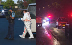 Left: a crime‑scene investigator in a white protective suit with orange trim walks near a police officer behind taped-off area. Right: a wet street at night with flashing red and blue emergency lights and vehicles parked along the curb.