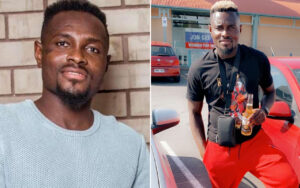 Left: man with short hair and a light gray knit sweater standing against a brick wall. Right: man in a black T-shirt and bright red pants leaning on a red car, holding a beer bottle and wearing a small black crossbody bag.