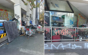 Left: cluttered sidewalk with a mattress leaning against a wall, shopping carts and trash outside a graffiti-covered building. Right: graffiti-covered storefront with glass walls and metal railing, more spray-painted debris along the base.
