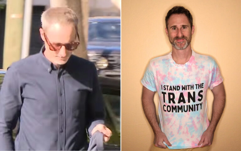 Two photos side by side: left shows a man in sunglasses and a dark shirt looking down outdoors; right shows a man in a pastel tie-dye shirt with bold text supporting the trans community, standing against a beige wall.