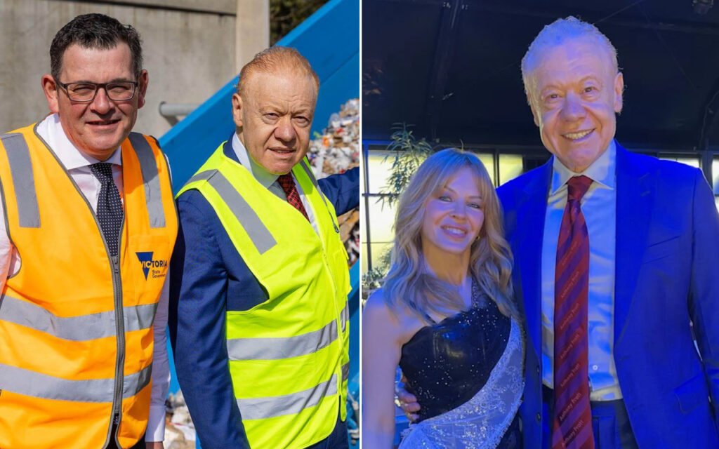 Composite image: left side shows two men in high-visibility vests at a construction site, smiling at the camera. Right side shows a smiling woman in a black sequined dress standing with an older man in a blue suit and red tie at an event.