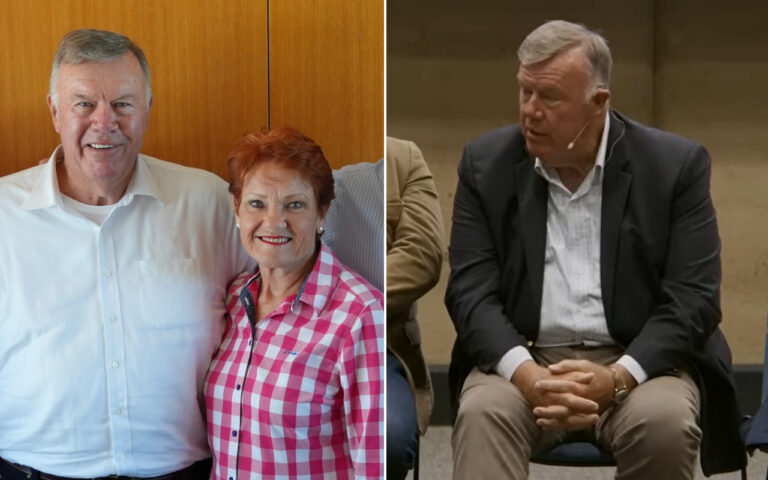 Two-panel collage: left panel shows a smiling older couple (man in white shirt, woman in pink checkered shirt) indoors; right panel shows a suited man seated, wearing a headset mic, in a discussion setting.