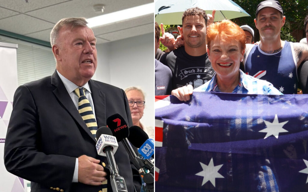 Left: a man in a suit speaking at a press conference with multiple microphones; right: smiling people holding an Australian flag at a gathering.