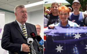 Left: a man in a suit speaking at a press conference with multiple microphones; right: smiling people holding an Australian flag at a gathering.