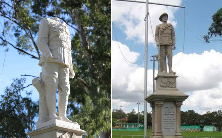 Left: white marble statue of a soldier in uniform standing on a pedestal with trees in the background