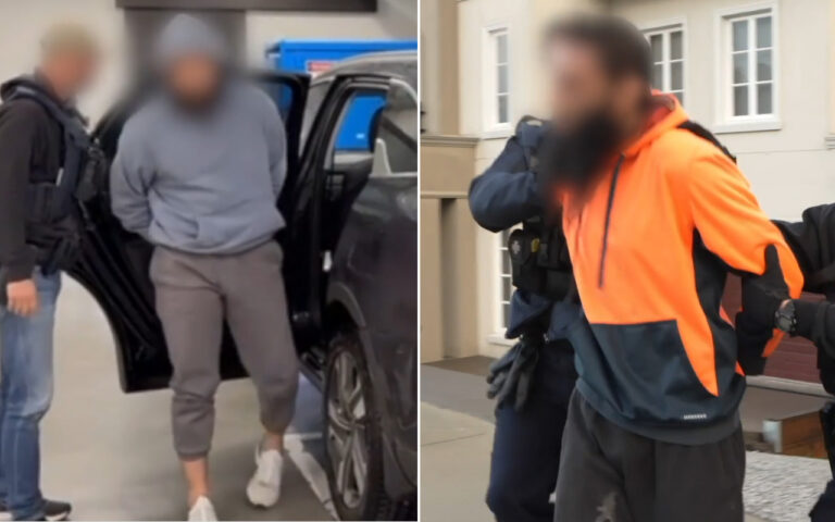 Two men with blurred faces being detained by armed officers; one steps from a car, the other is restrained near a building exterior.