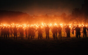 Crowd of people gathered on a dark field, holding torches that cast orange light and smoke into the night.